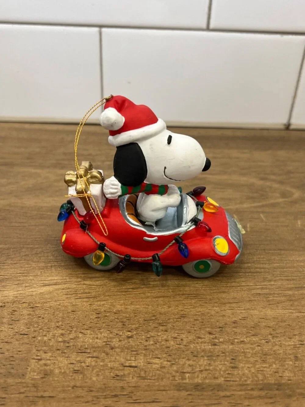 Snoopy Christmas Ornament Driving Red Car Santa Hat Holiday Decor Figurine
